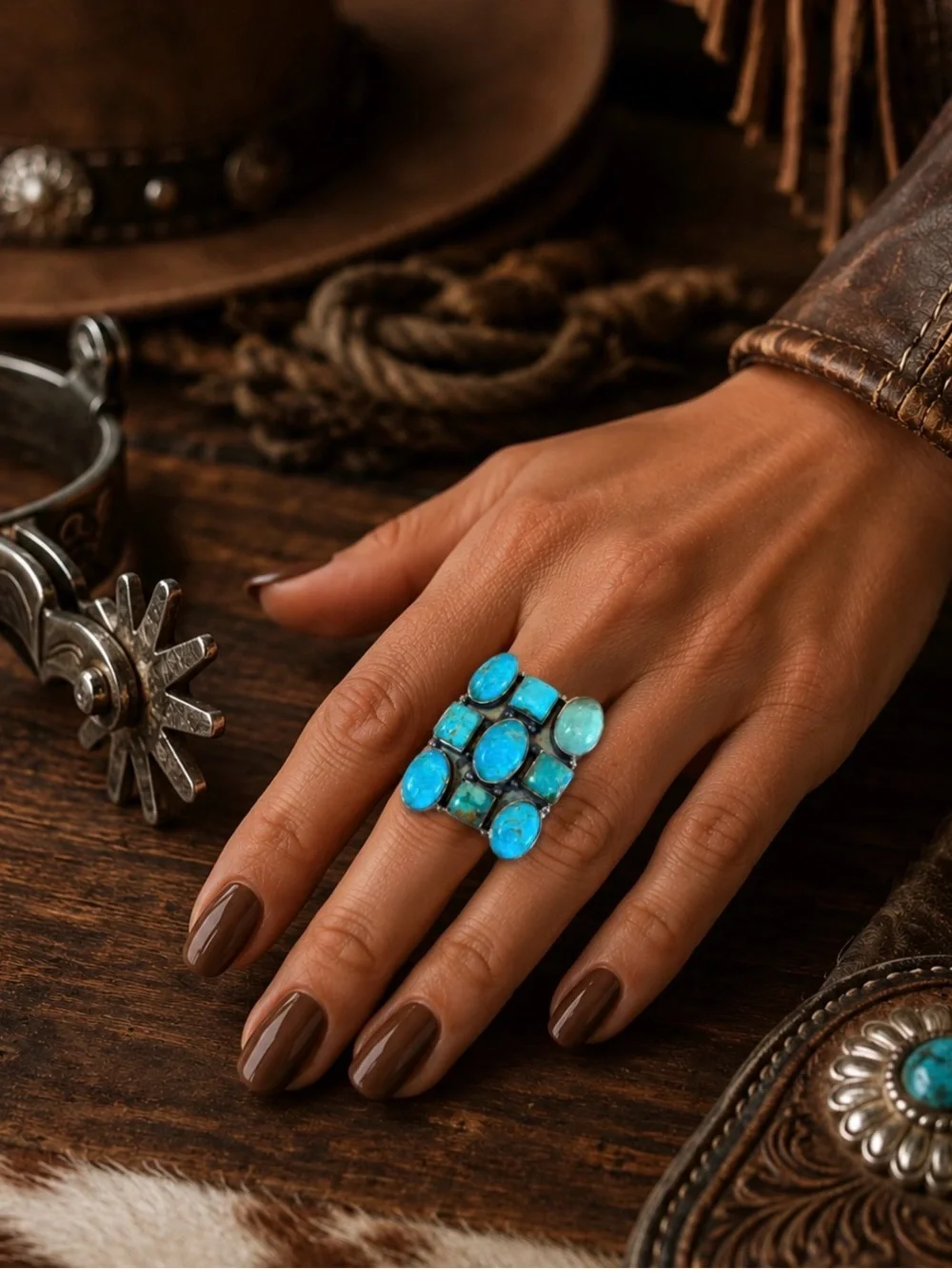 Large Sterling Silver Kingman Turquoise Cluster Statement Ring - Blue